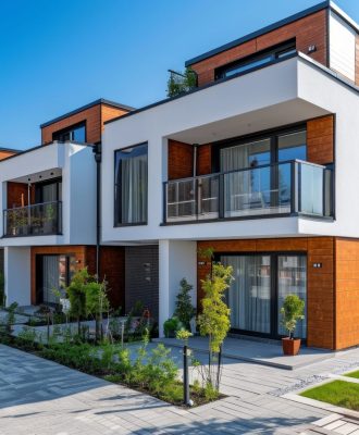 a new apartment building with modern townhouses that stand at the end of the street.