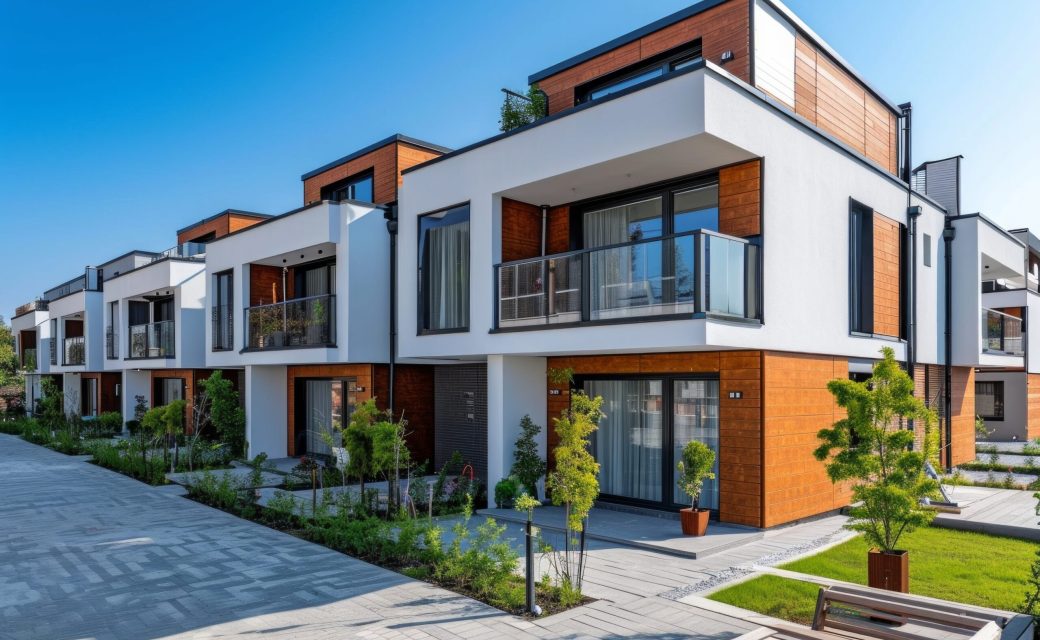 a new apartment building with modern townhouses that stand at the end of the street.